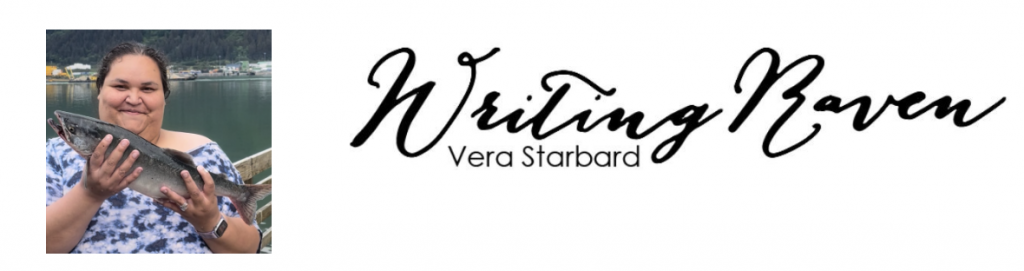 Image of Vera Starbard smiling, holding a fish. Text: Writing Raven: Vera Starbard