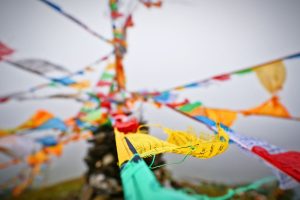 Tibetan prayer flags in rows attached to a central pole.