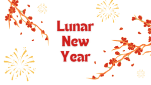 Lunar New Year logo featuring tree branches with red and gold blossoms and golden fireworks.