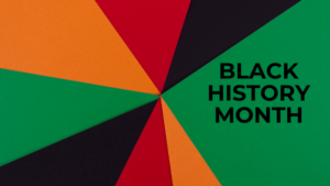 Black History Month logo with radiating black, green, orange, and red triangles.