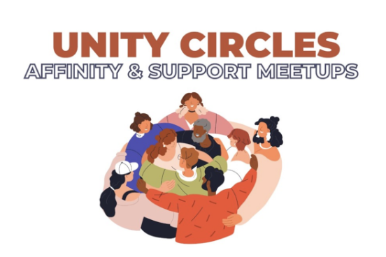 Unity Circles: Affinity & Support Meetings, circular illustration of a group of people with their arms around each other.