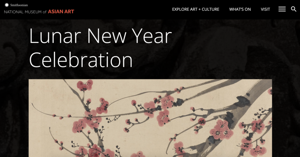 National Museum of Asian Art - Lunar New Year Celebration. Painting of pink blossoms on gray tree branches.