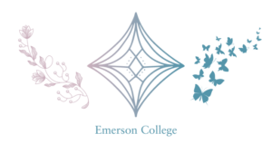 Graphic illustration of flowering vines in a light mauve leading to a diamond-shaped design of intersecting lines in a gradient of mauve to teal purple leading to a cluster of butterflies Text in teal: Emerson College