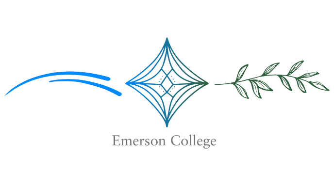 Graphic illustration of wavy lines in a bright blue leading to a diamond-shaped design of intersecting lines in a gradient of bright blue to forest green leading to a green vine with leaves. Text in gray below: Emerson College