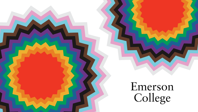 Burst shapes with jagged rainbow colors red, orange, yellow, green, blue, purple, black, brown, light blue, light pink, gray, with text: Emerson College.