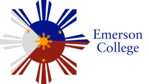 Art deco sun with eight rays in colors of blue, red, and white, with a smaller gold sun design in the center and three gold stars representing the flag and colors of the Philippines. Blue text: Emerson College.