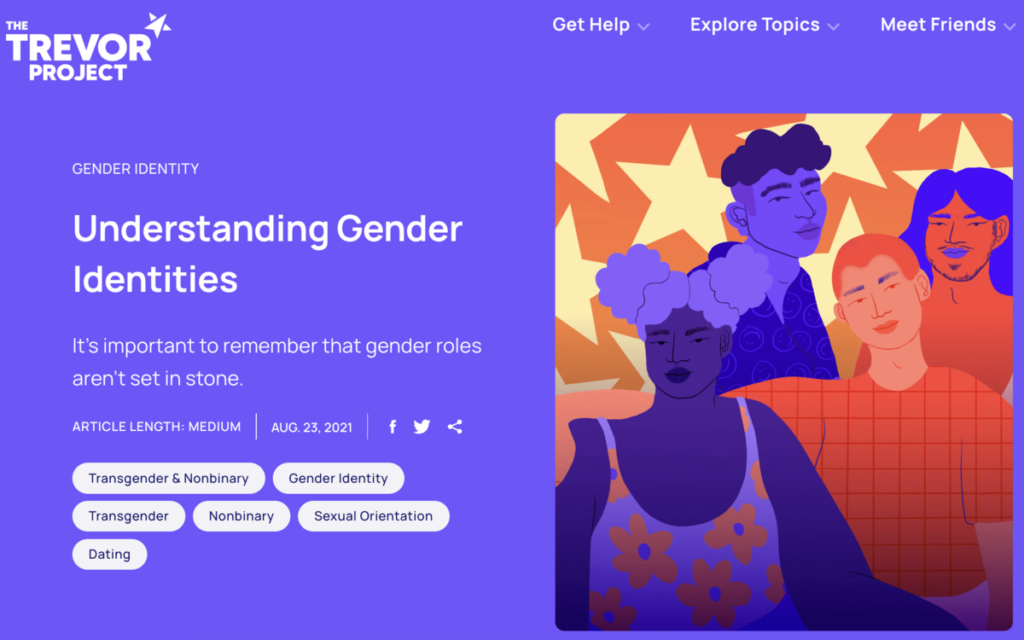 From The Trevor Project: Understanding Gender Identities. It's important to remember that gender roles aren't set in stone. Article Length: Medium. August 23 2021. Illustration of different people with diverse skin tones, hairs styles, and outfits.