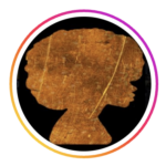 Flawless Brown logo: image of brown textured pattern outline of a head with a large hairstyle against black background.