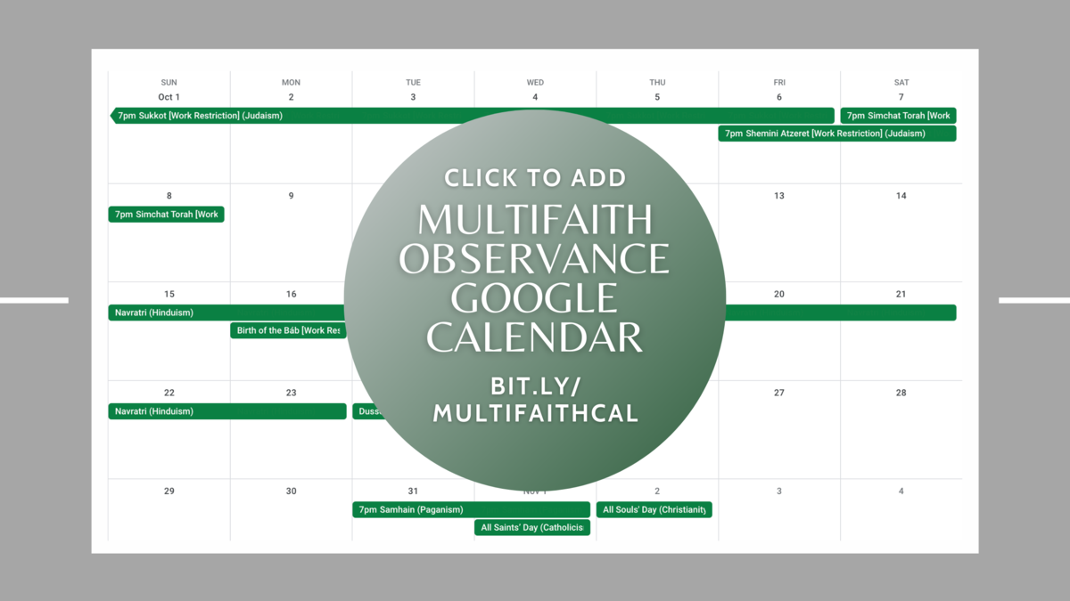 Screenshot of the Multifaith Observance Google Calendar. Text: Click to Add - Multifaith Observance Google Calendar - bit.ly/multifaithcal