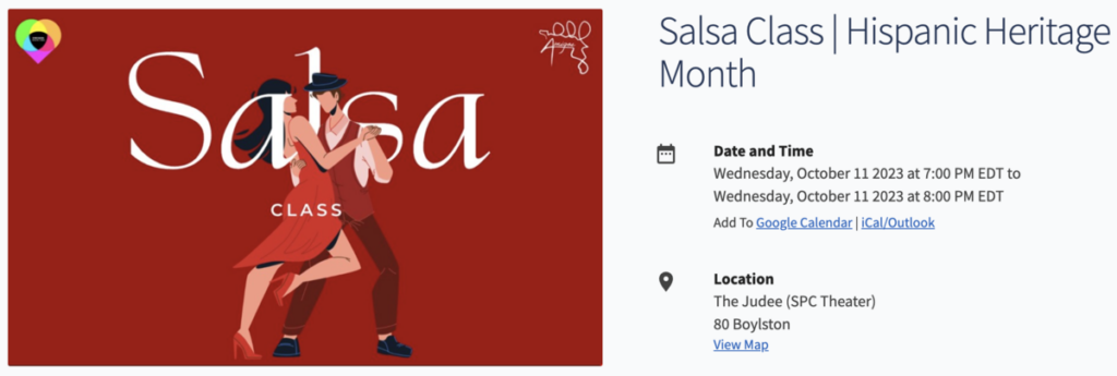 Flyer for Salsa Class, Wednesday October 11, 7 - 8pm, Location: The Judee (SPC Theater) 80 Boylston St.