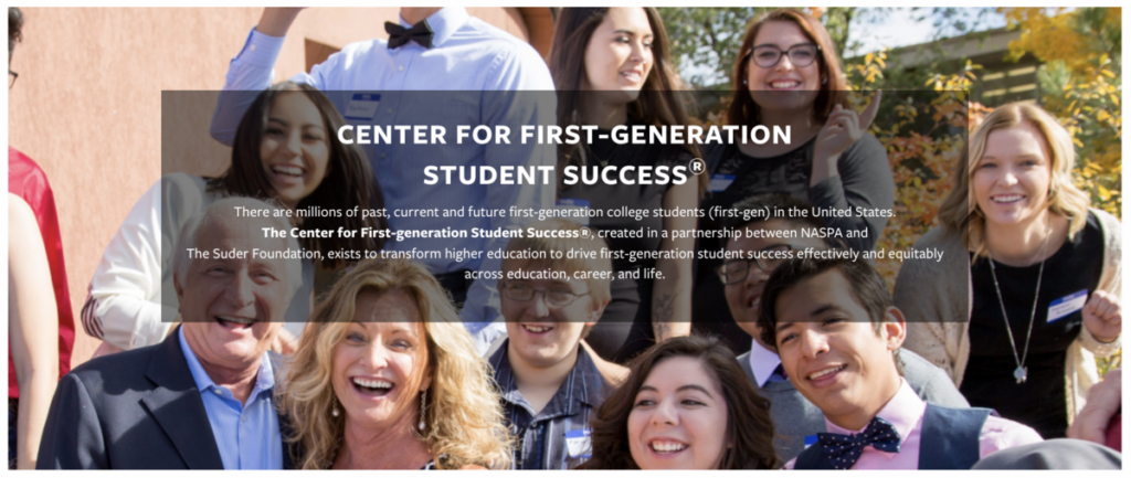 Center for First-Generation Student Success website with background image of a diverse group of people of variety of ages smiling in a photo.