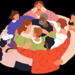 Cartoon illustration of a circle of people with their arms around each other.