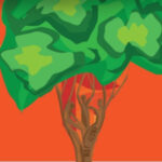 Tree with green leaves and brown trunk in the shape of people together against an orange background.