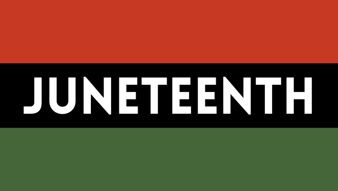 Juneteenth against red, black, and green horizontal stripes.