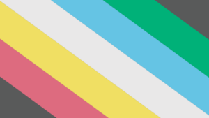 Disability Pride Flag featuring a charcoal gray background with diagonal stripes of red, yellow, white, blue, and green.