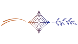 Graphic illustration of wavy lines in brown leading to a diamond-shaped design of intersecting lines in a gradient of brown to dark blue leading to a dark blue vine with leaves.