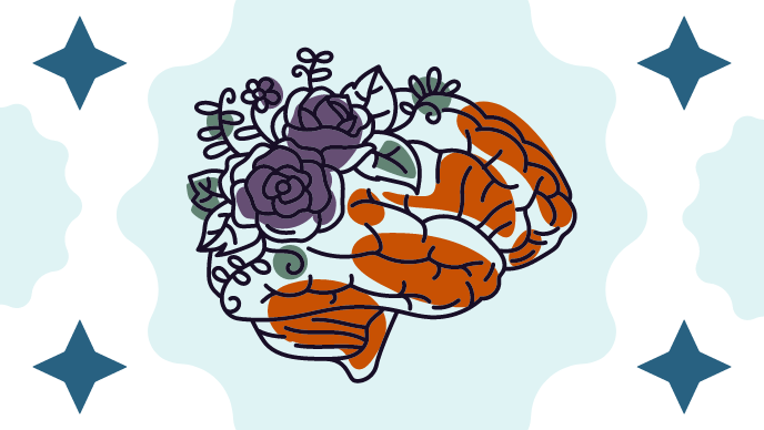Outline of a brain with roses growing within, colors of orange, green, and purple.