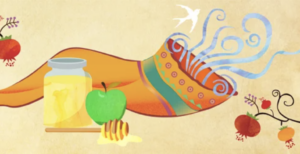 Painting of a Shofar and food to celebrate Rosh Hashanah.