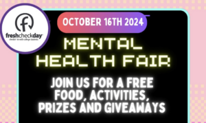 Cartoon computer screen advertising Fresh Check Day Mental Health Fair, October 16, 2024. Join us for a free food, activities, prizes, and giveaways.