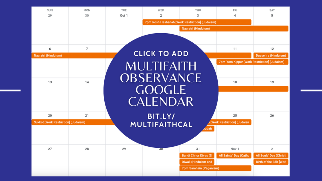 Screenshot of the Multifaith Observance Google Calendar. Text: Click to Add - Multifaith Observance Google Calendar.