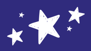 Dark blue background with white stars.