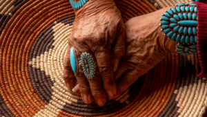 A Native American woman's hands wearing traditional beaded turquoise jewelry rest atop each other inside a woven basket.