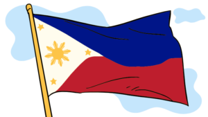 Flag of the Philippines featuring bands of royal blue and crimson red, with a white triangle next to the pole with an eight-pointed gold sun and three golden stars in the corners.