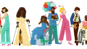 A group of people with diverse appearances and abilities engaging in forms of community and celebration, some are standing, some are using mobility aids like a cane and wheelchair, some are raising their hands and holding each other.