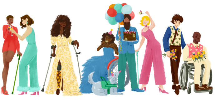 A group of people with diverse appearances and abilities engaging in forms of community and celebration, some are standing, some are using mobility aids like a cane and wheelchair, some are raising their hands and holding each other.