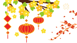 Tree branches with green, orange, and yellow blossoms and red lanterns hanging with fireworks in the background and branches with red blossoms.