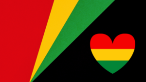 Diagonal shapes in red, yellow, green, and black, with a heart inside the black in horizontal colors of red, yellow, and green.