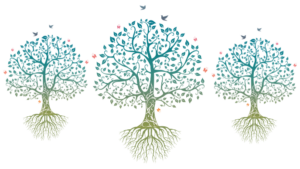 Trees in gradients of blue to green with roots extending, birds and butterflies flying around.