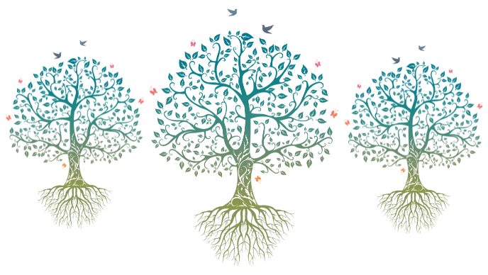 Trees in gradients of blue to green with roots extending, birds and butterflies flying around.