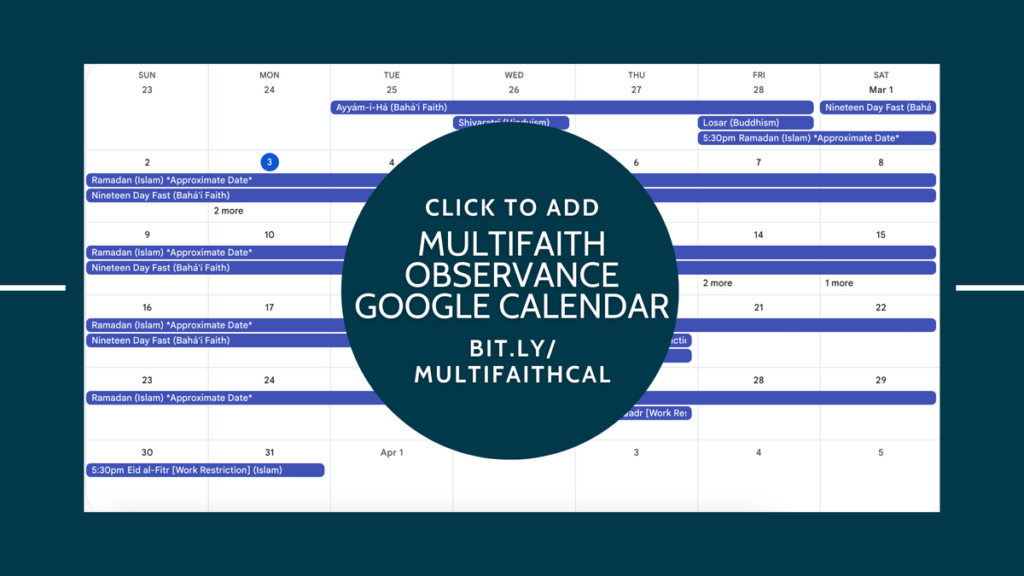 Screenshot of the Multifaith Observance Google Calendar. Text: Click to Add - Multifaith Observance Google Calendar - bit.ly/multifaithcal