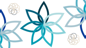 Graphic illustration of mandala designs in shades of blue, green, and tan.
