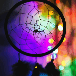 Dreamcatcher with rainbow and sparkling lights in the background.