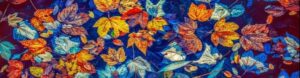 Painting of orange, red, and blue leaves in water.