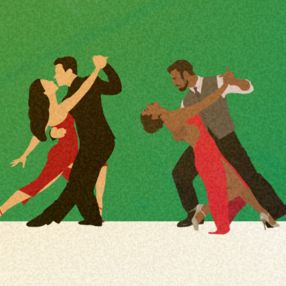 Two couples dancing salsa.