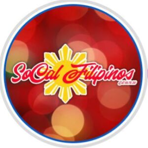 "SpCal Filipinos" in red cursive over a sun, in a red shiny circle.