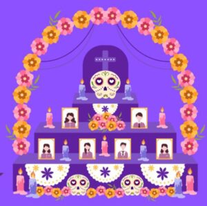 Altar for Dia de los Muertos with candles, skulls, and orange and pink flowers.