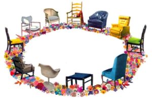 A ring of various types of chairs on a circle of flowers.