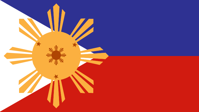 The sun from the Filipino flag in front of blue and red background.