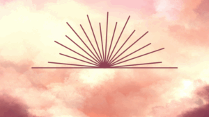 Graphic illustration of lines in an array against crimson and peach clouds.