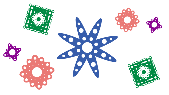 Header of different graphic shapes of squares, circles, and diamonds, in colors of dark blue, green, faded red, and purple.