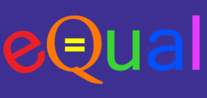 eQual in rainbow colors against dark purple background.