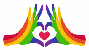 Two rainbow-colored hands making a heart, a smaller red heart in the middle.