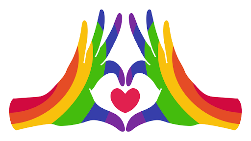 Two rainbow-colored hands making a heart, a smaller red heart in the middle.