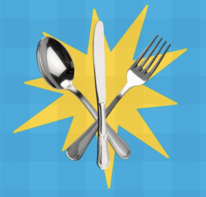 A silver spoon, knife, and fork crossed in an "X" in front of a yellow star overlaid on a light blue background.