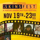 The poster for the LA Skins Fest, a yellow backgroud with "19th Annual SkinsFest, A Native American Film Festival" and "Nov 19-23" above an image aof a film strip with mages of past films.