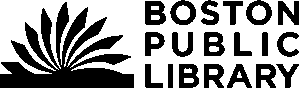 The logo for the BPL (a black book being flipped ope) and the words "Boston Public Library" next to it in black text.
